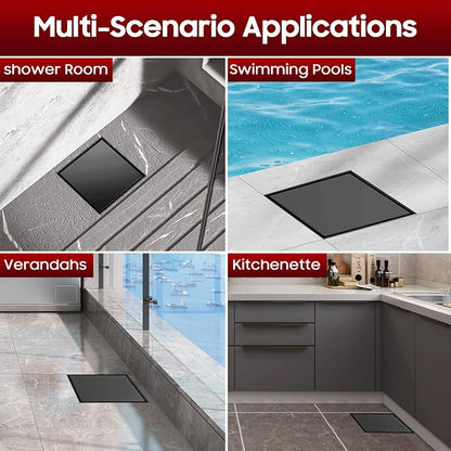 DLONE® Shower Drain | 6 Inch Matte Black with Tile Insert Panel | Square Shower Drain ,with Hair Catcher, Shower Floor Drain Fits Bathroom, Balcony etc