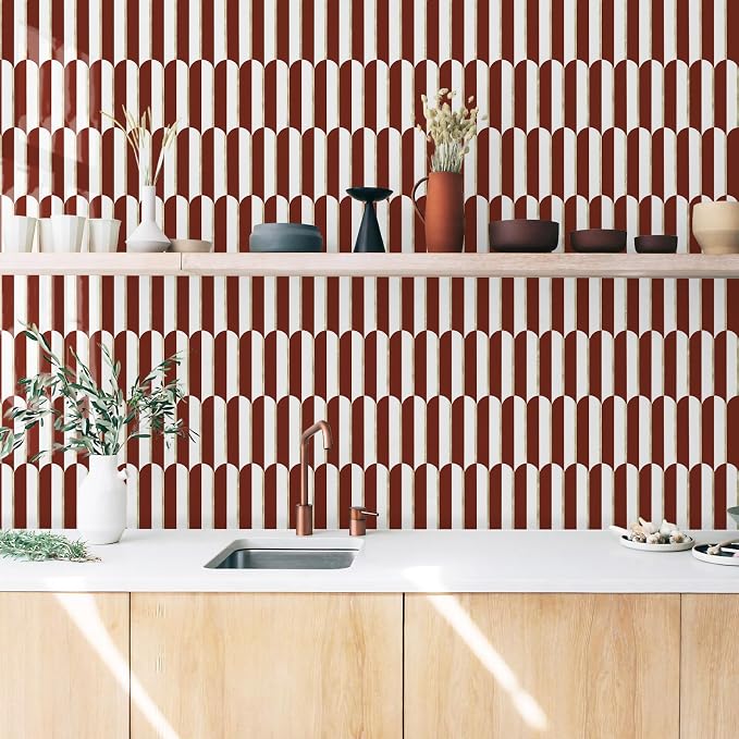 Vamos Tile Peel and Stick Backsplash Seamless Tile,Fish Scale,Matt,10-Sheet | 11.9''x10.8'',White & Red PVC+Light Gold Stick on Backsplash Tile for Kitchen & Bathroom & Laundry & Camper