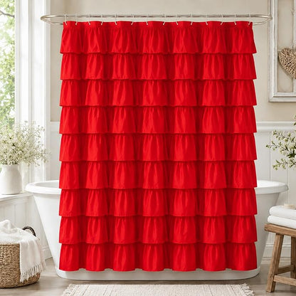 Red Ruffle Shower Curtain for Bathroom, 72x72, Cottagecore Rural Farmhouse | Cascading Layered Ruffles, Standard 72" x 72" Fits Most Tubs & Showers, 12 Hooks Inclouded, Machine Washable, Soft Microfiber