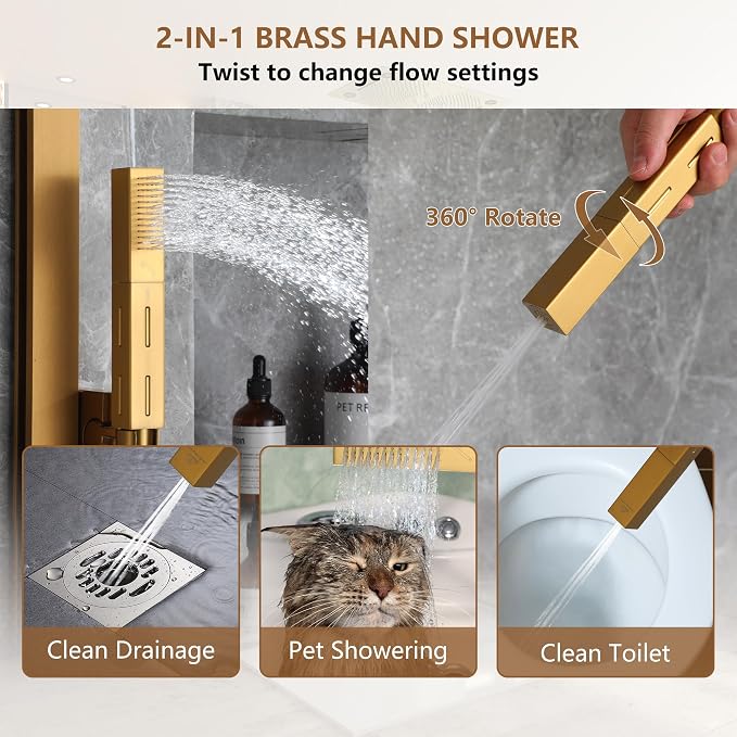 CASAINC 27x16 Inch Thermostatic Shower System Luxurious 6 Functions Full Body Shower System with Sliding Rod 2 in 1 Handheld, LED & Music (Brushed Gold)