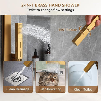 CASAINC 27x16 Inch Thermostatic Shower System Luxurious 6 Functions Full Body Shower System with Sliding Rod 2 in 1 Handheld, LED & Music (Brushed Gold)