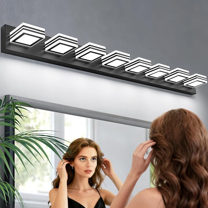 SOLFART 52inch Black Vanity Lights Fixtures - 8 Lights LED Modern Acrylic Matte Black Vanity Lights Bathroom Wall Lighting Over Mirror