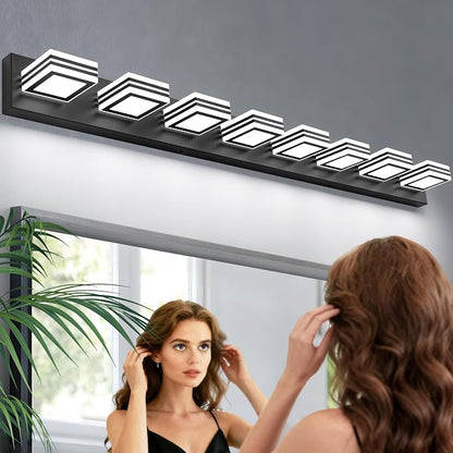 SOLFART 52inch Black Vanity Lights Fixtures - 8 Lights LED Modern Acrylic Matte Black Vanity Lights Bathroom Wall Lighting Over Mirror