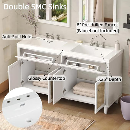 60" Double Sink Bathroom Vanity with Double Sinks, Soft Closing Doors and Flip-Out Drawers, Solid Wood Frame & MDF Modern Wood Bathroom Sink Cabinet, Freestanding Solid Wood Legs
