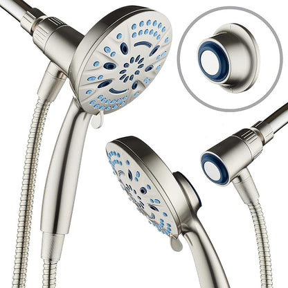 AquaCare Magneton 8-Mode High Pressure Handheld Shower Head with 2 Brackets | Space-age Magnetic Guidance Docking, Giant 5-inch Face with Hygienic Jets, Extra-long 6 ft. Stainless Steel Hose / Nickel
