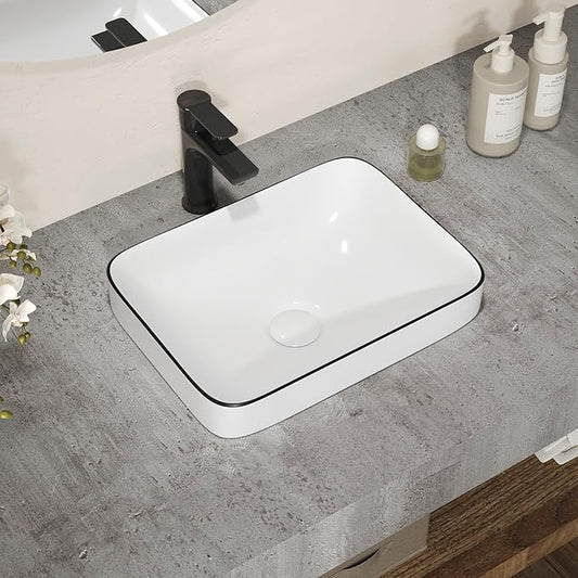 DeerValley Vessel Sink Rectangular, Liberty 15.94"x12.01" White Semi Recessed Bathroom Sink with Black Rim Ceramic Porcelain Rectangle Bathroom Vessel Sink Above Counter Vanity Sink Basin DV-1V0347