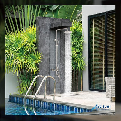 Aolemi Outdoor Shower SUS304 Outside Kit Handheld Tub Spout Brushed Nickel | 8 Inch Head, Handheld Spray, Swivel Tub Faucet, Adjustable Height,Outside Exposed Shower Fixture,Single Handle,Wall Mount