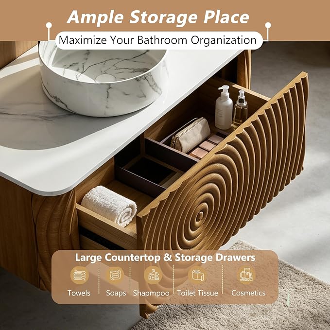 42" Floating Bathroom Vanity with Sink, Mid-Century Wall Mounted Bathroom Vanity Cabinet with Wood Waved Decor,Marble Ceramic Basin and Sintered Stone Top, Soft Close Drawer, Side Open Cube
