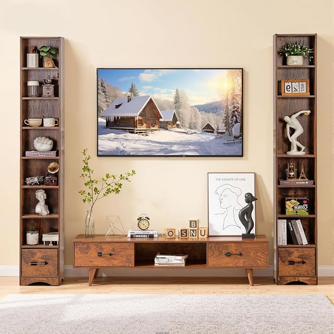 VECELO Tall Narrow Bookshelf with Drawer, 6 Adjustable Movable Shelves, Wood Space Saving Corner Storage Cabinet for Bathroom Bedroom, Retro Brown