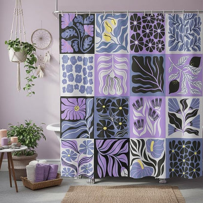 JAWO Retro Shower Curtain Vintage Abstract Boho Floral Shower Curtains for Bathroom Decor Purple Yellow Botanical Geometric Groovy Aesthetic Pattern Shower Curtain Sets with Hooks, 70X70IN