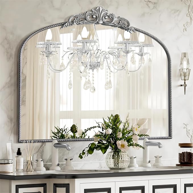 Micasso Vintage Silver Wall Mirror: 40"x29" Baroque Antique Arched Mirror | Traditional Ornate French Decorative Mirror for Bedroom/Bathroom/Fireplace/Entryway/Hallway/Dresser/Vanity/Mantel/Nightstand