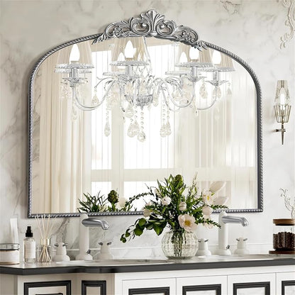 Micasso Vintage Silver Wall Mirror: 40"x29" Baroque Antique Arched Mirror | Traditional Ornate French Decorative Mirror for Bedroom/Bathroom/Fireplace/Entryway/Hallway/Dresser/Vanity/Mantel/Nightstand
