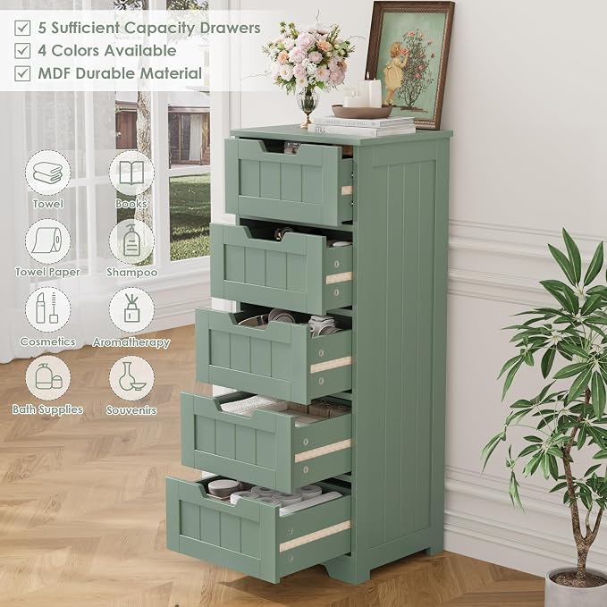 FOTOSOK Bathroom Cabinet, Bathroom Storage Cabinet with 5 Drawers, Green | Narrow Bathroom Storage with Cut-Out Handles, 11.8” x 15.7” x 40.1”, Slim & Small Floor Cabinet for Laundry/Hallway