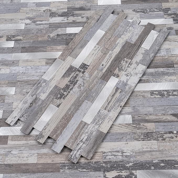 StyloVue 2 Sheets Peel and Stick Backsplash, Distressed Wood with Metal Silver Self Adhesive Wall Tiles Upgrade Your Kitchen Backsplash, RV, Fireplace