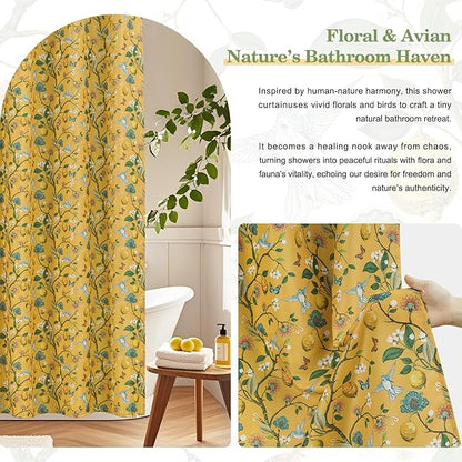 Yellow Floral Bird Shower Curtain 72x75, Hummingbird and Lemon Botanical Fabric Bath Curtains, Lightweight Quick-Dry Bathroom Decor Set with Hooks