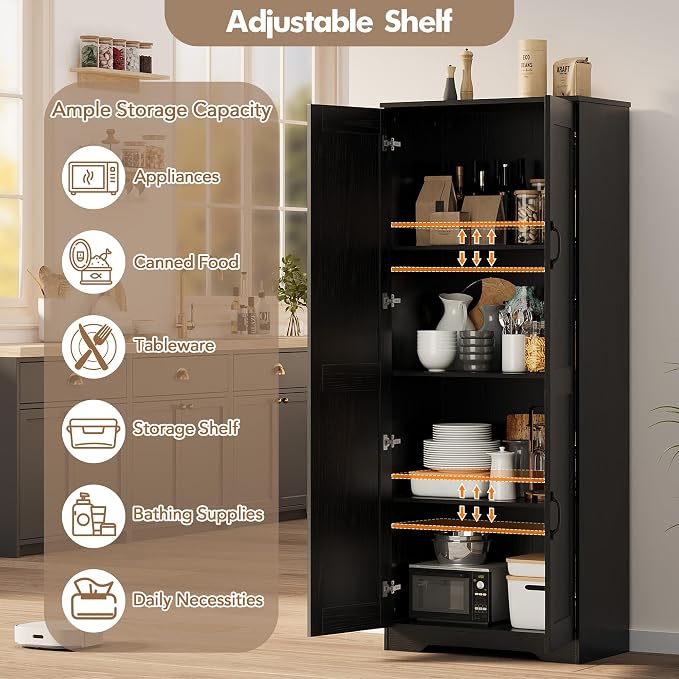 Garvee Tall Pantry Cabinet, 60" Kitchen Storage Cabinet with 2 Doors & Adjustable Shelves, Freestanding Wooden Cupboard for Bathroom，Dining Room, Living Room, Black | Kitchen Storage Cabinet with 2 Doors & Adjustable Shelves, Wooden Cupboard for Bathro...