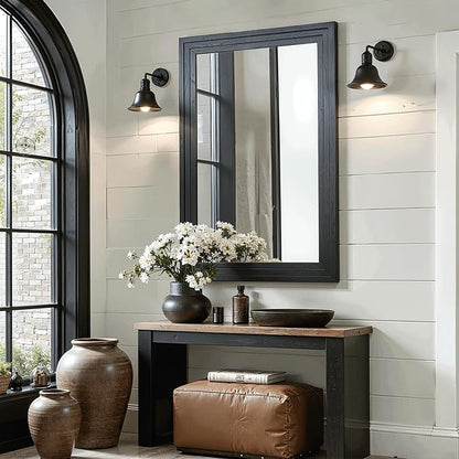 Farmhouse Rustic Wood Framed Bathroom Vanity Mirror for Wall, 26x38, Black | Recessed Stepped Solid Wood Frame, HD Shatterproof Glass, Vertical/Horizontal Mount, for Bathroom Sink, Living Room, Entryway