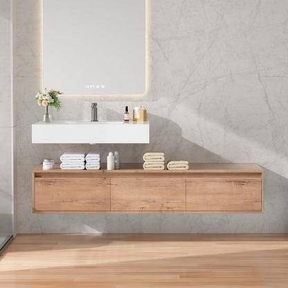 60 Inch Floating Bathroom Vanity with Single Sink, Modern Wall-Mounted Bathroom Cabinet with Resin Sink & Soft Close Drawer, Split-Level Layout (Nature Oak, 60")
