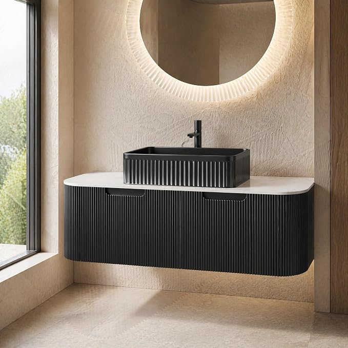 48 Inch Bathroom Vanity with Sink, Floating Wall Mounted Single Sink Vanity, Black Curved Fluted Front, Stone Top, Black Textured Rectangular Vessel Basin, Pre-Assembled