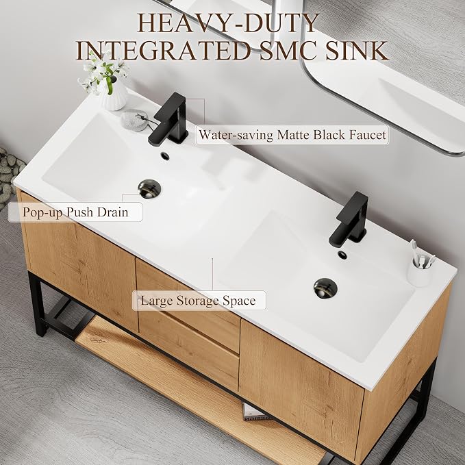 LUCKWIND 48" Modern Bathroom Vanity with Dual White Sink Combo, Freestanding Storage Cabinet with Metal Frame, Matte Black Faucet and Open Shelf and 2 Soft-Closing Door, Natural