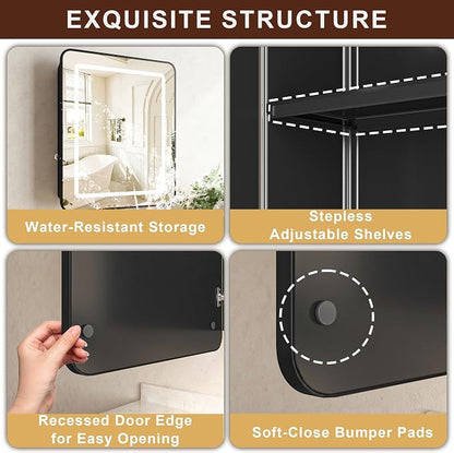 24 x 30 Inch LED Medicine Cabinet with Mirror, Recessed or Surface Mount, Soft Close Hinges, Adjustable Shelves, Black