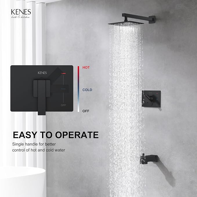 KENES Matte Black Shower Set with Tub Faucet, Square Tub Shower Trim Kit | Shower Faucet with 10-Inch Rain Shower Head, Square Shower System, Valve Included, Lead-Free cUPC & NSF Certified, Stainless