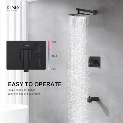 KENES Matte Black Shower Set with Tub Faucet, Square Tub Shower Trim Kit | Shower Faucet with 10-Inch Rain Shower Head, Square Shower System, Valve Included, Lead-Free cUPC & NSF Certified, Stainless