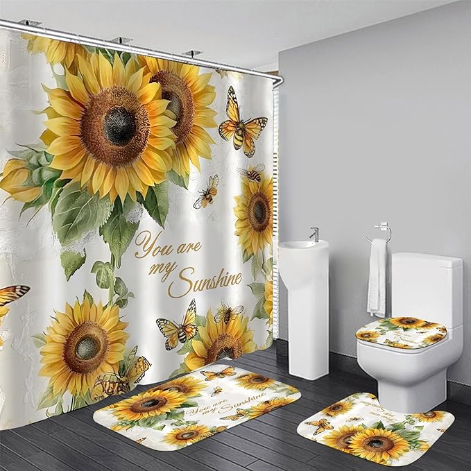 AZHM You are My Sunshine Shower Curtain Set Sunflower Inspirational Phrases Bathroom Decor Set with Rugs and Accessories
