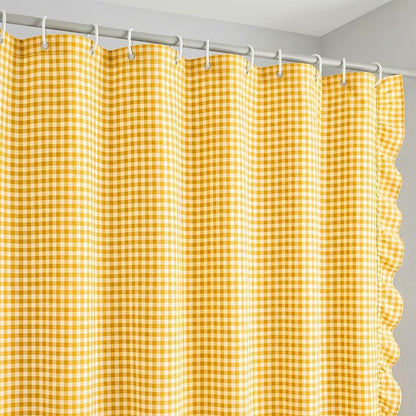 HunnmingRe Ruffled Gingham Shower Curtain Yellow | 72'' x 72'' Vintage Farmhouse Curtain, Cotton Cottage Core Rural Checkered Plaid Decor, Fall Shower Curtain for Bathroom