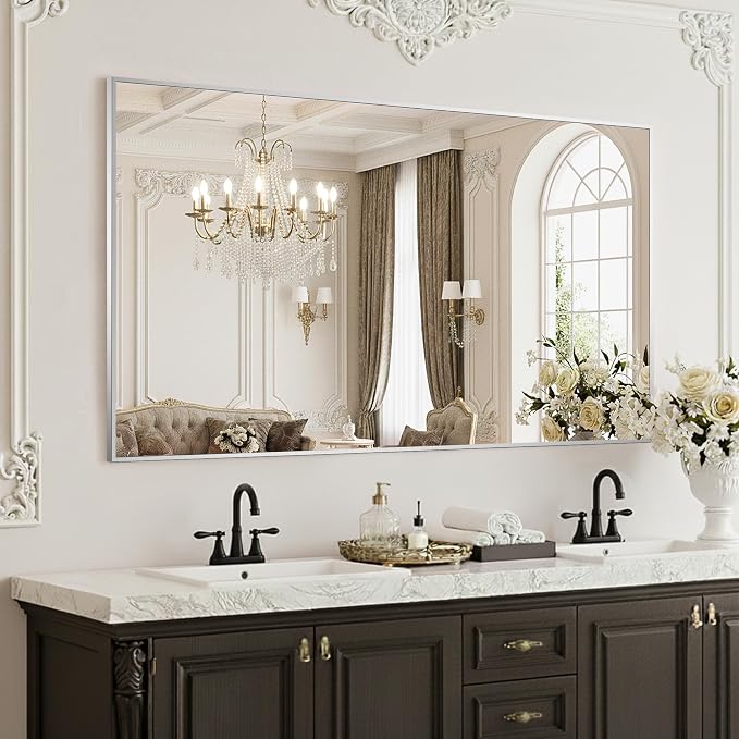FICTOR Bathroom Vanity Mirror for Over Sink, 48" x 30", Silver | Anti-Rust Frame, Shatterproof Tempered Glass, Vertical/Horizontal Wall Mounted Mirror for Bedroom, Entryway, Living Room