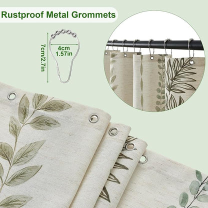 ORTIGIA Linen Striped Shower Curtain 72x84 Inch Extra Long with Metal Hooks,Sage Green Leaf Botanical Waterproof Natural Linen Bath Curtain for Rustic Farmhouse Bathroom Decor