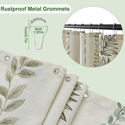 ORTIGIA Linen Shower Curtain with Metal Hooks,Sage Green Leaf Botanical Waterproof Natural Linen Bath Curtain for Rustic Farmhouse Bathroom Decor 72x72 Inch