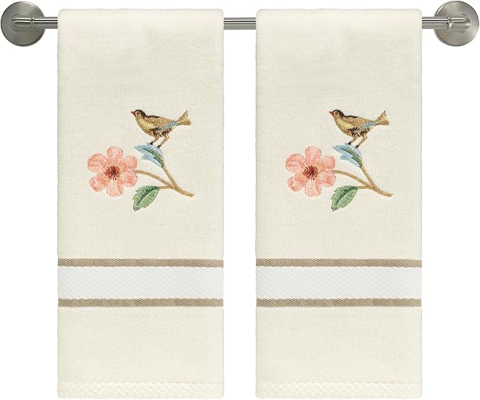Avanti Linens – Fingertip Towels, Ringspun Cotton Velour with Embroidered Bird & Floral Design, Striped Border Detail, Set of 2 (Pretty Birds)