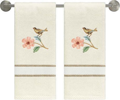 Avanti Linens – Fingertip Towels, Ringspun Cotton Velour with Embroidered Bird & Floral Design, Striped Border Detail, Set of 2 (Pretty Birds)