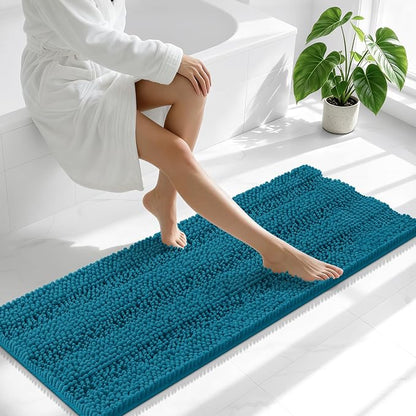 Smiry Thick Chenille Bathroom Runner Rugs 44x24, Bath Mat, Peacock Blue | Quick‑Dry & Machine Washable, Non‑Slip Bath Carpet, Soft Striped Bath Rugs for Tub & Shower, Modern Home Decor Accessories