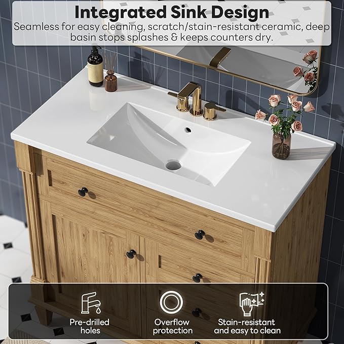 LIKIMIO 36 Inch Bathroom Vanity with Sink, Towel Holder & Adjustable Solid Wood Legs for Uneven Floor, Modern Bathroom Storage Cabinet with Tip-Out Drawer, 2 Drawers & Adjustable Shelf, Nature