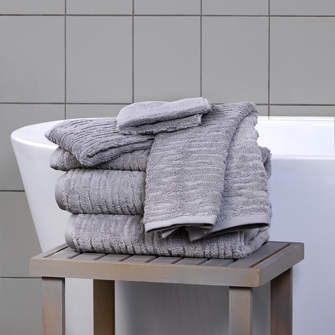 SKL Home CloudSoft Bath Towel Set, 6-Piece, 100% Cotton Luxury, Gray | 2 Bath towels, 2 hand towels, 2 washcloths. Premium spa-level quality. 600/520 GSM weight. Ultra plush & absorbent.