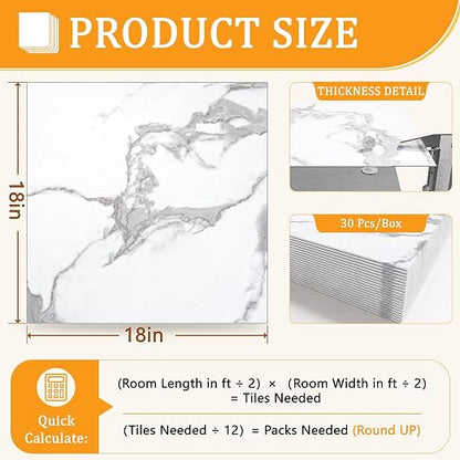 DEXDE Peel and Stick Floor Tile 18x18 Marble Vinyl Flooring Waterproof 30PC | Floor Tiles Peel and Stick Waterproof, Self Adhesive Floor Tiles, Sticky Floor Tiles Bathroom Floor Tiles 1.5FTx1.5FT White