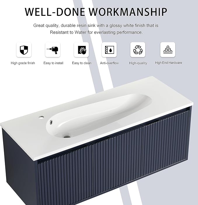 48 Inch Bathroom Vanity with Sink, 48" Floating Vanity, Premium Plywood Wooden Bathroom Cabinet with Soft Close Doors and Waterdrop-Shaped Resin Sink, Modern Wall Mounted Cabinet Set (Stripe Pattern)