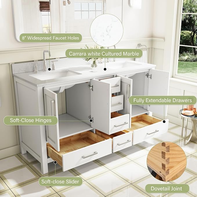 60-Inch Bathroom Vanity with Sink, 4 Soft-Close Doors and 6 Soft-Close Drawers, Bathroom Freestanding Vanity with Cultured Marble Countertop, White Vanity with Brushed Nickel Handles