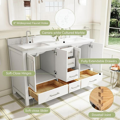 60-Inch Bathroom Vanity with Sink, 4 Soft-Close Doors and 6 Soft-Close Drawers, Bathroom Freestanding Vanity with Cultured Marble Countertop, White Vanity with Brushed Nickel Handles