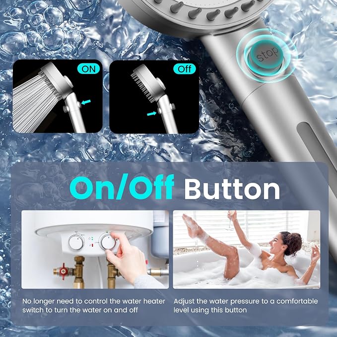 Filtered Shower Head with Handheld, High Pressure Showerhead with Filters | 4 Spray, ON/OFF Button for Pets, Detachable Shower Heads with Water Softener Filter Beads for Hard Water- Remove Chlorine