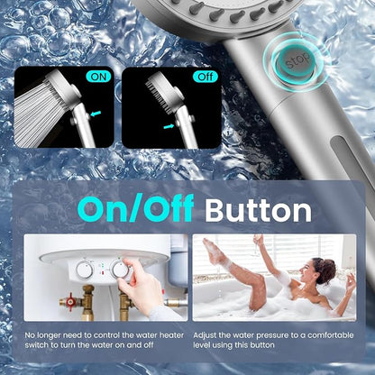 Filtered Shower Head with Handheld, High Pressure Showerhead with Filters | 4 Spray, ON/OFF Button for Pets, Detachable Shower Heads with Water Softener Filter Beads for Hard Water- Remove Chlorine