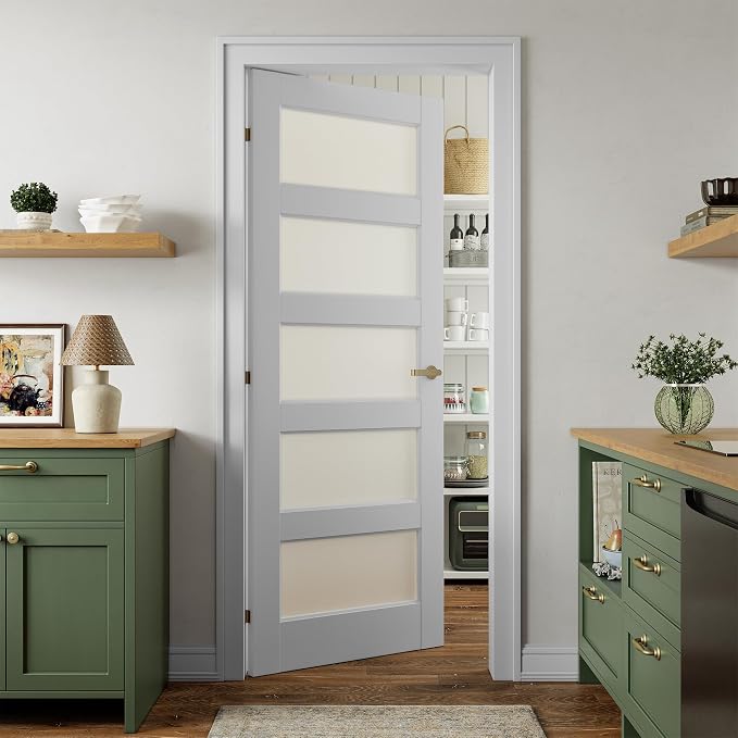 SMARTSTANDARD 32" x 80" Frosted Glass Pantry Door, Solid Core Slab Door | Pre-Assembled 5-Panel without Hardware, French Interior Door for Pantry Pocket, White Primed