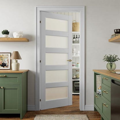 SMARTSTANDARD 30" x 80" Frosted Glass Pantry Door, Solid Core Slab Door | Pre-Assembled 5-Panel without Hardware, French Interior Door for Pantry Pocket, White Primed