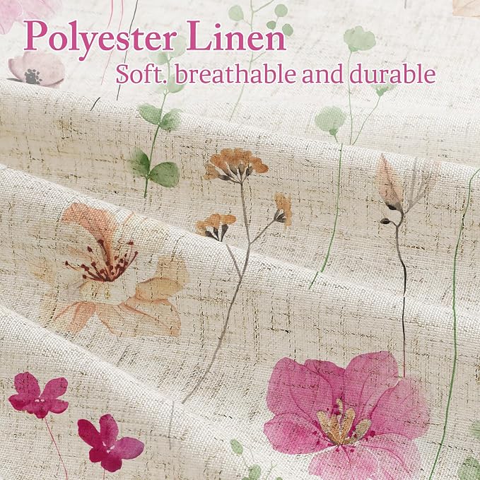 Pink Green Linen Watercolor Floral Fabric Shower Curtain, 72x72 | Linen Fabric, Modern Minimalist Floral Print, Machine Washable, Rustproof Grommets, for Bathroom Home
