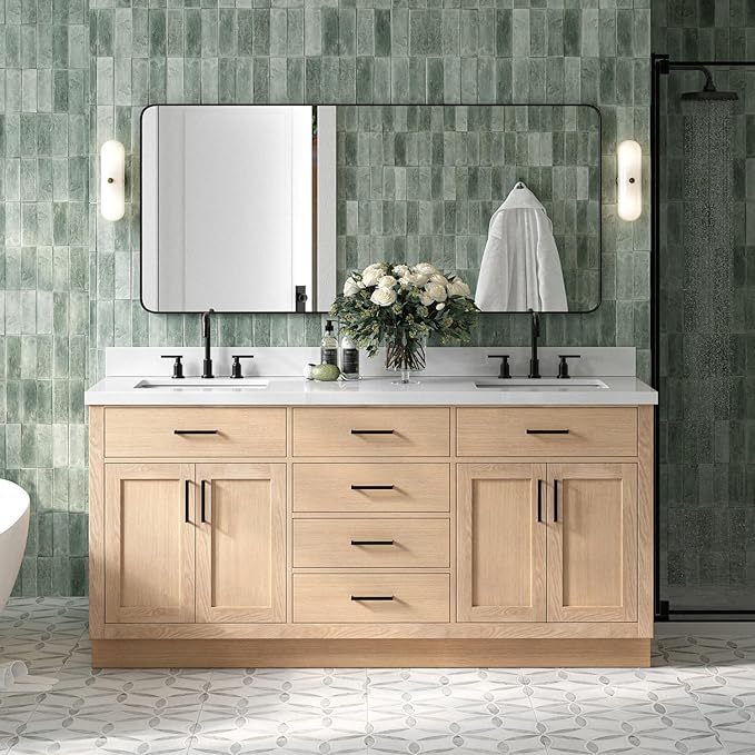 DKB Isabella 72-Inch Oak Double Bathroom Vanity with Rectangle Sinks, 1.5" Pure White Quartz Countertop & 4" Backsplash, 4 Soft Closing Doors, 6 Full Extension Dovetail Drawers, Matte Black Hardware