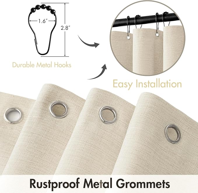 MIULEE 72 x 84 Extra Long Linen Shower Curtain Light Cream 12 Metal Hooks | Washable, Heavy Fabric Curtain Set, Waterproof Thick Cloth Shower Curtains, Bathroom Hotel Bathtub