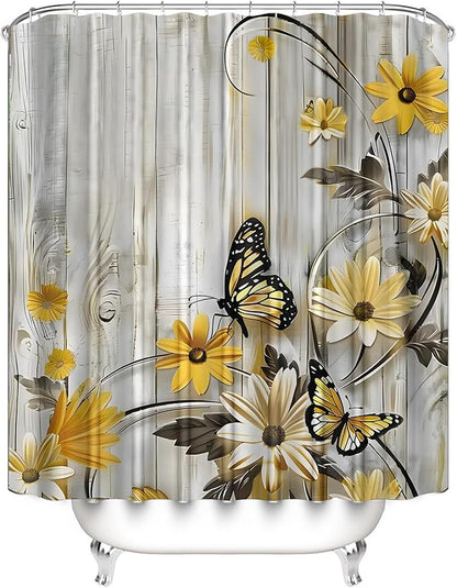 AZHM Yellow Daisy Floral Shower Curtain Set Butterfly Farmhouse Country for Bathroom Decor Set with Rugs Toilet Lid Cover and Bath Mat