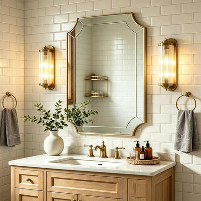 Gold Wall Mirror, 28x36 Scalloped Corner Rectangular Mirror | Ornate Segmented Glass Border, Multi‑Panel Flat Glass Trim, Anti-rust Metal Frame, Ideal for Bathroom Entryway Living Room